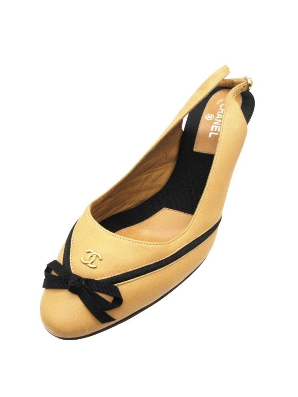 Chanel Pumps CC Logo Ribbon Sling Back Beige Heel